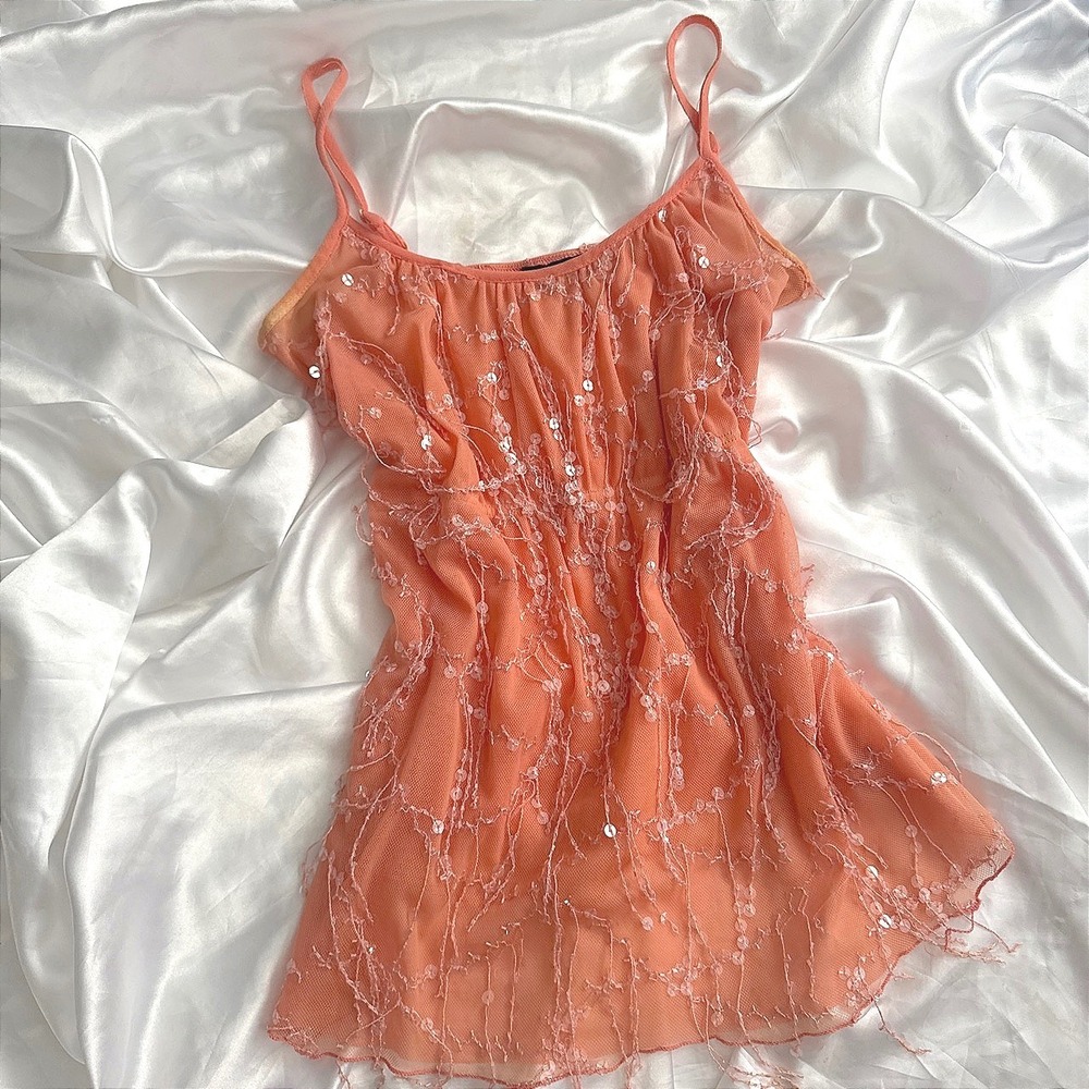 Roommates California Coral Mesh Sequin Eyelash Fringe Camisole Top Y2K